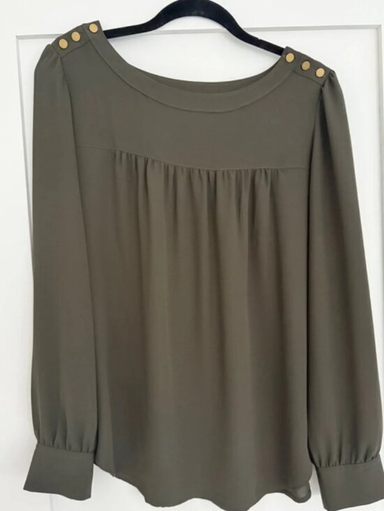 Denim - LOFT Olive Green Long-Sleeve Blouse with Gold Shoulder Buttons